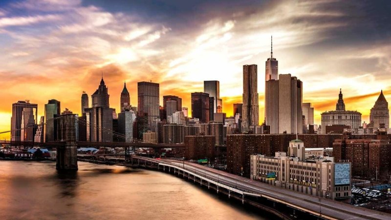 Мост, Нью-Йорк, река, Манхеттен