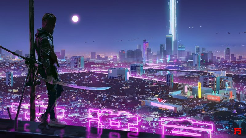 Cyberpunk 2077 арт неон город