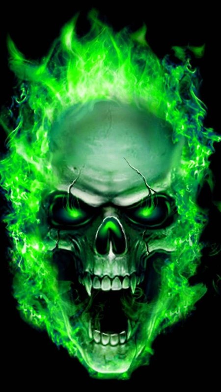 "a black skull with green flames on it's face"