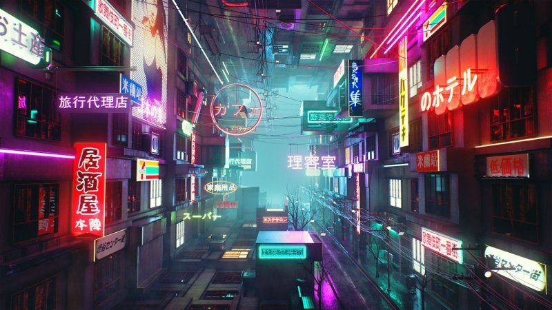 Cyberpunk 2077 улица неон