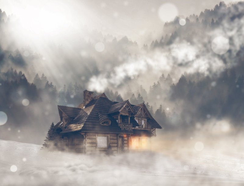 Домик в зимнем лесу арт