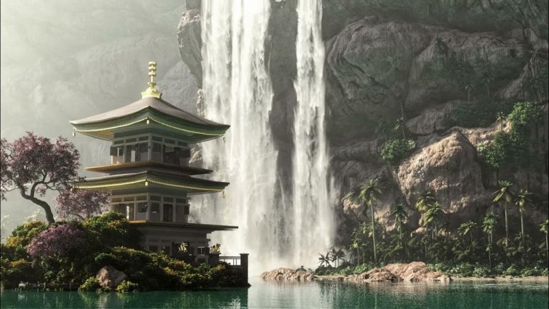 Японские домики на фоне гор