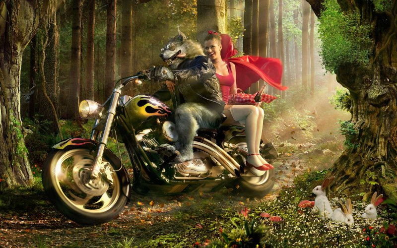 Красная шапочка на мотоцикле