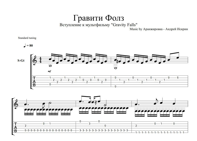 Ноты для гитары Гравити Фолз