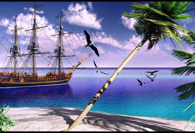 Пиратский корабль и остров